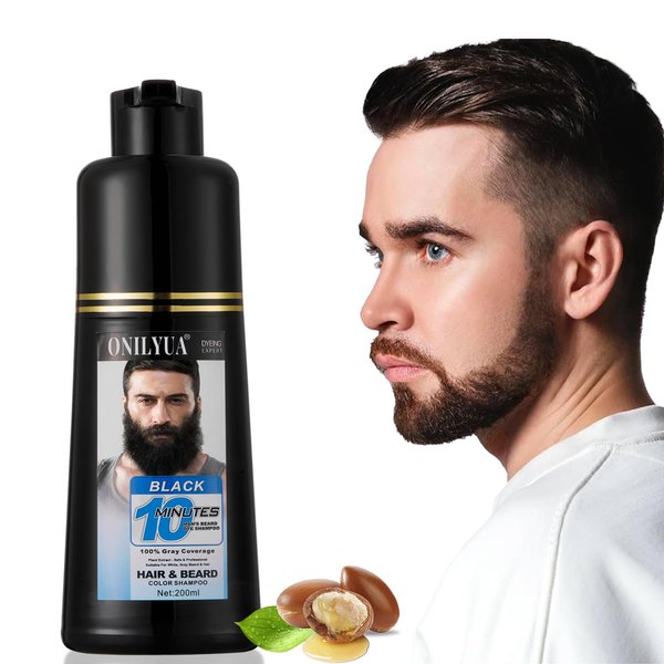 Men’s Black Beard Dye 3 In 1 For Gray Coverage, 10 Minutes Mustache Dye Beard Shampoo for Men, Simpler Root Touch Up & Facial Hair Color, Beard Wash & Conditioner, Long Lasting Beard Tint 200ml