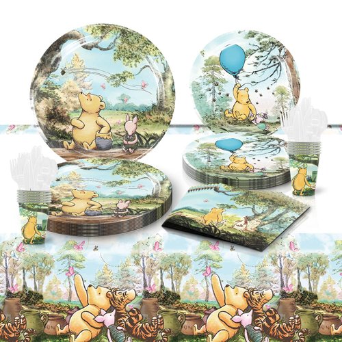 41Pack Pooh Birthday Decorations, 20 Plates, 20 Napkins and 1 Tablecover for Pooh Bear Birthday Party Supplies