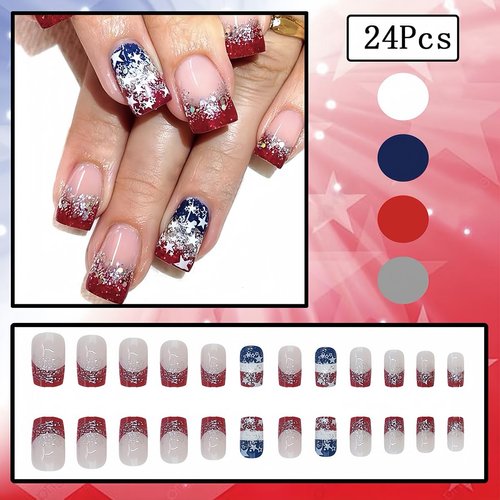 4th of July Press on Nails Short Square, French Tip Fake Nails Red Blue Nail Tips with Stars Nail Glitter Glue on Nails Independence Day False Nails Full Cover Nude Pink Stick on Nails for Holiday