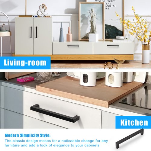 KNOBWELL 10 Pack 6-1/4" Matte Black Stainless Steel Kitchen Cabinet Handles, Cabinet Pulls Square T Bar Cupboard Door Handles, 6-1/4" Hole Spacing, Bathroom Cabinet Handles