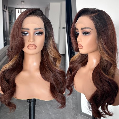 Glueless Lace Front Wig, 13X6 Synthetic HD Lace Front Wigs Body Wave Pre Plucked Highlights Ombre Flamboyage Chocolate Brown Wig Natural Density Hairline Synthetic Lace Front Wigs For Black Women
