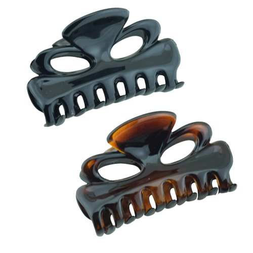 Parcelona French Chat Yeux 3 1/2" Shell and Black Celluloid Set of 2 Non Slip Hair Claw Clips for Women, Made in France