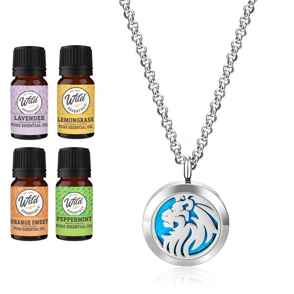 Wild Essentials King Lion Necklace Essential Oil Diffuser Kit with Lavender, Lemongrass, Peppermint, Orange Oils, 12 Refill Pads, Calming Aromatherapy Gift Set, Customizable Color Changing, Perfume