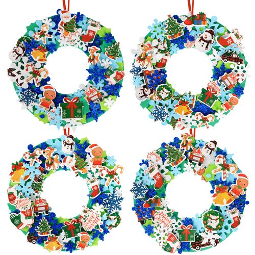 12 Sets Christmas Craft Kits, Christmas Wreath Ornaments Art Sets Christmas Foam Stickers Glitter Snowflake Foam Stickers DIY Christmas Foam Wreath Crafts for Xmas Home Classroom Activities