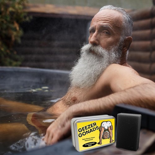 Geezer Gonads Soap Bar - Mens Gag Gifts for Milestone Birthday Over-the-Hill Parties Husbands OTH Black Charcoal Soap Adults Stocking Stuffers for Guys