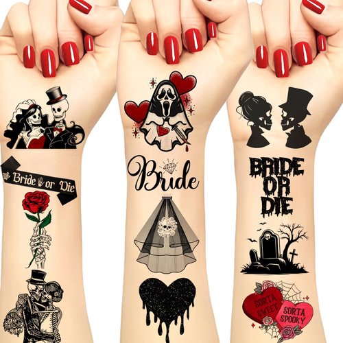 256PCS Bride or Die Wedding Temporary Tattoos Halloween Til Death Do Us Tattoos Stickers Gothic Halloween Bachelorette Temporary Tattoos Bridal Shower Supplies for Bachelorette Party Decorations