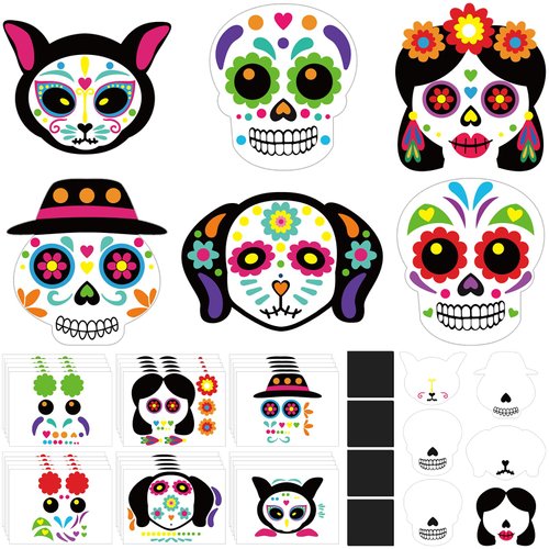 Seenelling 30 Sets Day of The Dead Magnet Crafts for Kids Make Your Own Day of The Dead Sugar Skull Magnet Craft Kit DIY Dia De Los Muertos Decor for Halloween Mexican Party Classroom Home Decorations