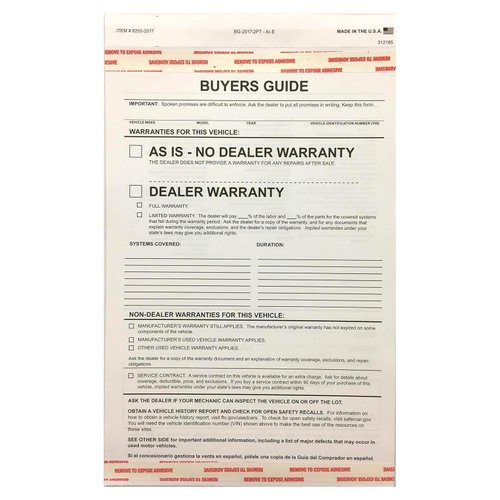 Donkey Auto Products 2-Part Buyers Guide Form - Adhesive Tape - English - As is - Warranty (100 per Pack)