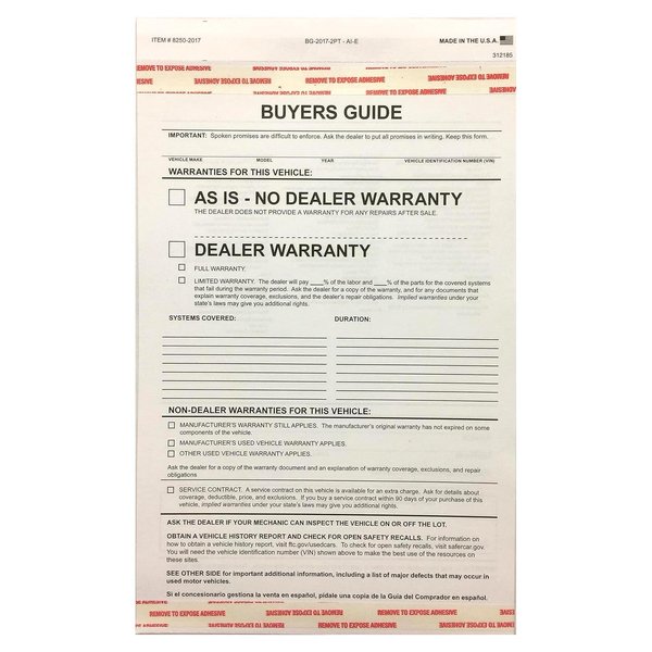 Donkey Auto Products 2-Part Buyers Guide Form - Adhesive Tape - English - As is - Warranty (100 per Pack)