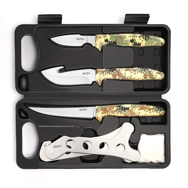 GVDV Hunting Knife Set - Deer Hunting Gear Butcher Game Processor Set, Field Dressing Kit with Gut Hook Skinner Knife, Axe, Bone Saw, Spreader, Gloves, Hunting Gifts for Men, 6 Pieces