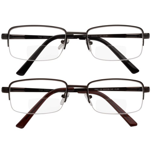 Yogo Vision Reading Glasses Set of 2 Bifocal Half Rim Metal Glasses for Reading Quality Spring Hinge Readers Men and Women +2.5