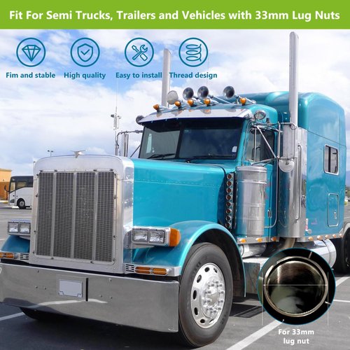 Grandroad auto 20 Pack Flat Top Lug Nut Covers, 33mm by 2-3/4" Thread On Chrome Nut Cover Caps ABS Plastic Anti-Rust Screw-on Lug Nut Covers for Semi Trucks (20 Pack)