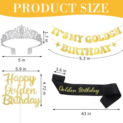 Hinly 1 Set Golden Birthday Party Decorations It's My Golden Birthday Banner, Golden Birthday Sash, Happy Golden Birthday Cake Topper, Crystal Princess Crown and Tiara for Women Party Supplies