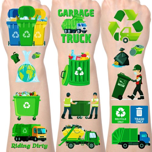 Lovarywow Garbage Truck Temporary Tattoos - 200+ Garbage Trash Truck Birthday Decorations Recycling Garbage Truck Party Favors Waste Management Tattoos Stickers Gifts for Kids Party Supplies Prizes