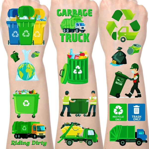 Lovarywow Garbage Truck Temporary Tattoos - 200+ Garbage Trash Truck Birthday Decorations Recycling Garbage Truck Party Favors Waste Management Tattoos Stickers Gifts for Kids Party Supplies Prizes