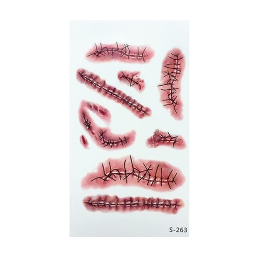 Red Halloween Temporary Tattoos,3D Fake Scars Tattoo Halloween Makeup Kit,Fake Stitches Tattoos Cut Scary Face Wound Blood Chucky Scars Tatoos for Kids Women Men Boys Girls Zombie Makeup Stickers Temp