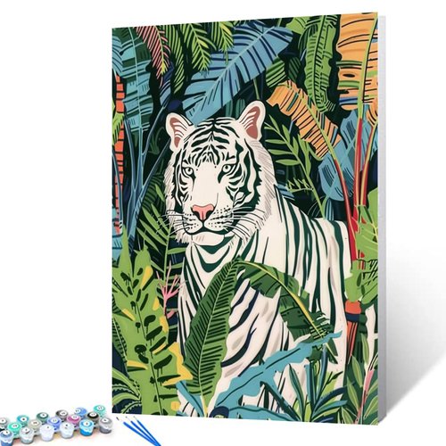 White Tiger in Jungle Paint by Numbers Kits with Brushes Tropical Forests Animal Acrylic Oil Painting for Adults Kid Afri Wildlife Arts Paintworks Craft Farmhouse Office Decor Food Gift(DIY Frame)