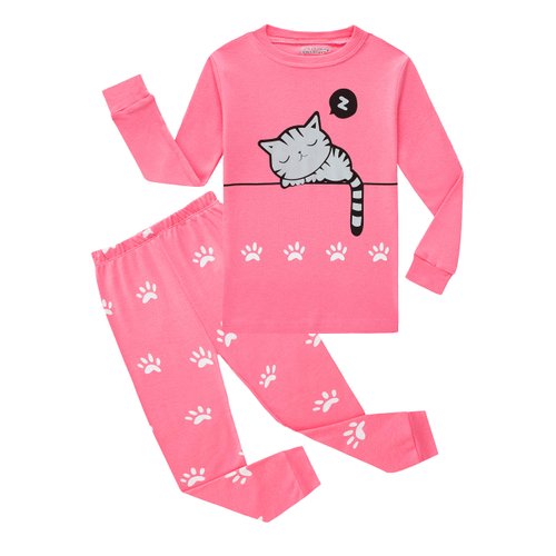 Family Feeling Cat Little Girls Long Sleeve Pajamas Sets 100% Cotton Pyjamas Kids Pjs Size 7