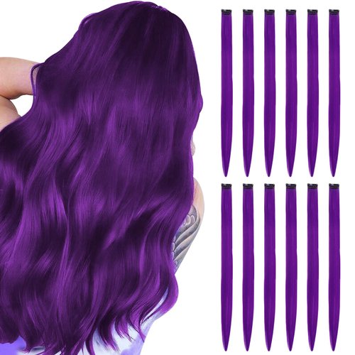 BUMMSEVEN 12 Pcs Purple Hair Extensions Clip in Hairpiece Accessories, 22 Inch Long Streak Straight Ins Heat Resistant Colored Synthetic, Using for Halloween Costume Party Play Highlights