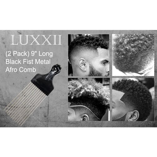 Luxxii (2 Pack) 8" Long Black Fist Metal Afro Pick Lift Hair Comb Detangle Wig Braid Hair Man Styling Comb