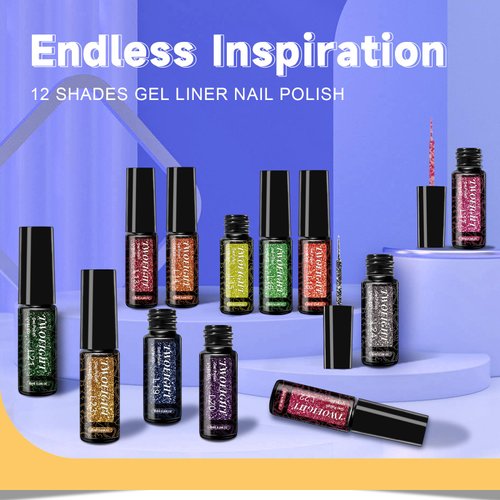 TWOEIGHT Gel Nail Polish Liner Nail Art 12 Colors 8ml Reflective Glitter Gel Flash Diamond Painted Polish Gold Silver Pink Gel Kit Soak Off UV Nail Art Design Set DIY Manicure Gifts for Women