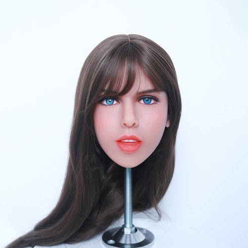 Mannequin Head Makeup Doll Head with 2 Hairs&Blue Eyeballs Life-Size TPE Doll Part Doll Accessories, Snap or M16 Studs Fixed (Brown Color)