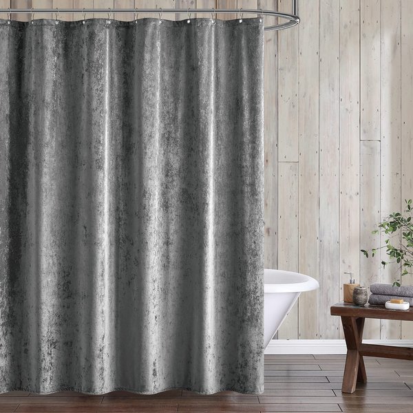 Fredsure Distressed Velvet Shower Curtain Set, 13 Pieces Grey Including 1 Piece 72"x72" Shower Curtain and 12 Pieces Silver Hooks