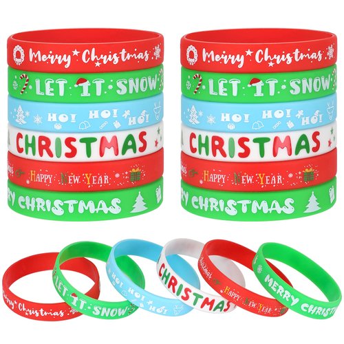 JUNEBRUSHS 42Pcs Christmas Silicone Bracelets, Rubber Wristbands Christmas Party Favors for Kids Decorations for Xmas Stocking Stuffers Wrist Band Accessories Gifts Supplies