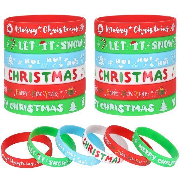 JUNEBRUSHS 42Pcs Christmas Silicone Bracelets, Rubber Wristbands Christmas Party Favors for Kids Decorations for Xmas Stocking Stuffers Wrist Band Accessories Gifts Supplies