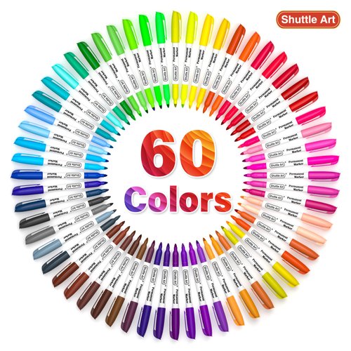 Shuttle Art 60 Colors Permanent Markers, Fine Point, Assorted Colors, Works on Plastic,Wood,Stone,Metal and Glass for Doodling, Coloring, Marking
