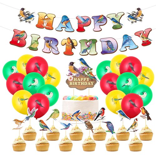Harloon 32 Pcs Bird Birthday Decoration, Happy Birthday Banner Cake Toppers Hawaiian Balloons Bir...