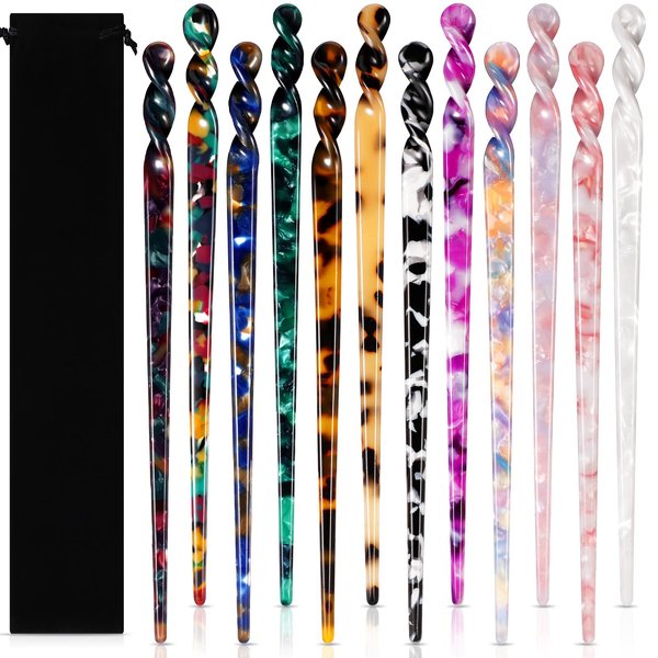 12 Pieces Acetate Hair Sticks Styling Hair Chopsticks Hair Accessories Tortoise Shell Hairpin Leopard Print Hair Pins Chinese Retro Hairpins Disk Hair Sticks for Women (Elegant Colors)
