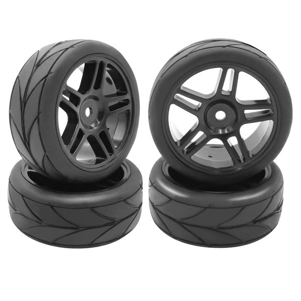 VQRTKS 4 pcs 1/10 RC On-Road Rubber Tires & Wheels Sets 5 Spoke Wheels V Tread Rubber Tires 12mm Hex Hub