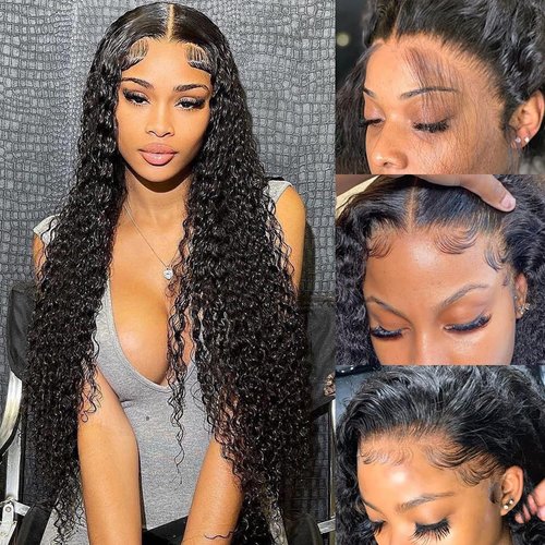 Espive 28 Inch 13x4 Deep Wave Lace Front Wigs Human Hair 180 Density Deep Curly Lace Front Wigs Human Hair Glueless Transparent Lace Frontal Wig for Women Pre Plucked with Baby Hair Natural Black
