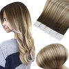 Full Shine 22 Inch Tape Human Hair Extensions Seamless Pastel Invisible Tape Real Hair Extensions Dark Brown Roots Color 3 Fading to 8 and 22 Blonde Highlighted Balayage Tape Hair Extensions
