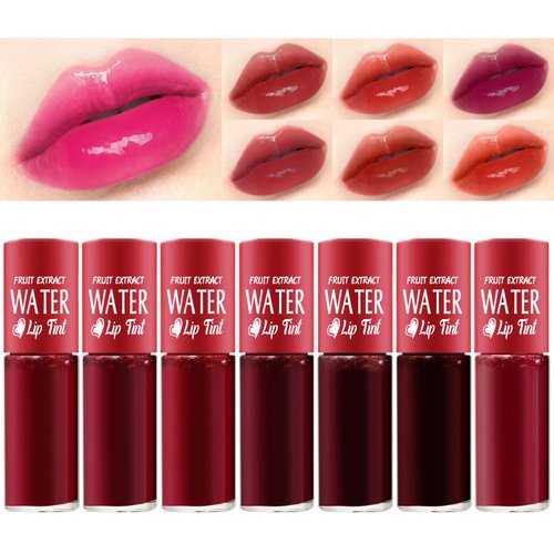 7 Colors Lip Tint Stain Set, Plumping Mini Liquid Lipstick, Korean Lip Gloss Moisturizing Natural, Multi-Use Lip and Cheek Tint, Long lasting Non-Stick Cup Waterproof，High Pigment, Vivid Color (SET A)