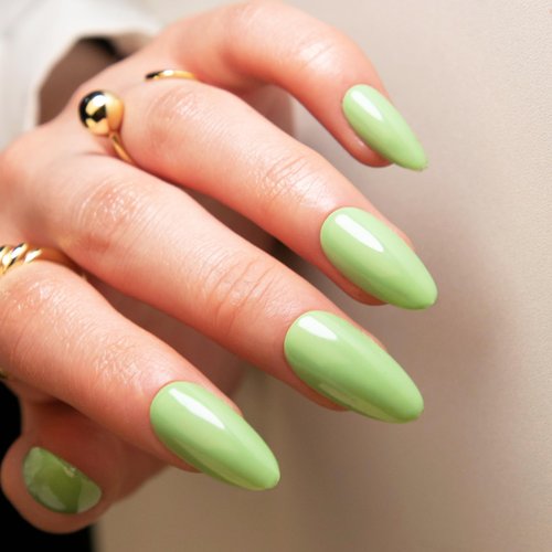 24Pcs Light Green Press on Nails Almond Short Fake Nails with Solid Color Designs Glossy Acrylic ...