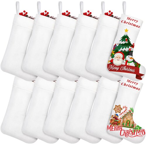 Aodaer 12 Pieces Plain Christmas Sublimation Burlap Stockings Hanging Stockings for Tree Fireplace DIY Heat Transfer Printing Christmas Home Decoration, 15.7 x 11.8 x 7.1 Inches