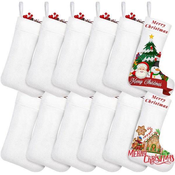 Aodaer 12 Pieces Plain Christmas Sublimation Burlap Stockings Hanging Stockings for Tree Fireplace DIY Heat Transfer Printing Christmas Home Decoration, 15.7 x 11.8 x 7.1 Inches