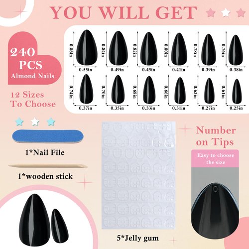 Bellelfin 240pcs Short Press on Nails Black Full Cover Short Almond Fake Nails, Thick Acrylic Nails Press Ons 12Sizes False Nails with Glue for Women Girls Fingernails Design