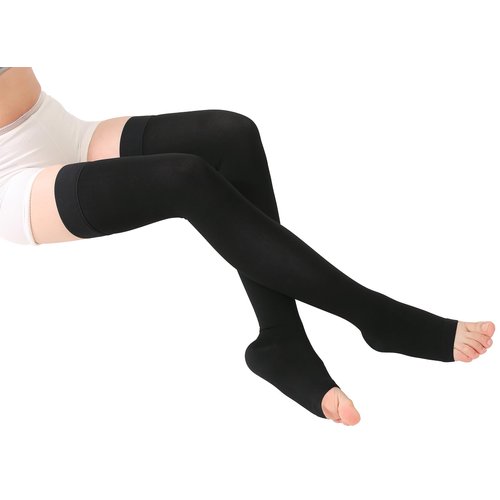 TOFLY® Medical Thigh High Compression Stockings for Women & Men (Pair), Opaque Open Toe 15-20mmHg Graduated Compression Hose, Medical Compression Stockings Support for Varicose Veins, Edema,Black XXL