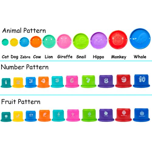 Ella Dream 17 PCs Multicolor Nesting and Stacking Cups Set, Baby Bathtub Toys, Early Learning Educational Toys for Infants, Toddlers, Stacking Cups with The Numbers, Shapes, Fruits, Animals Patten