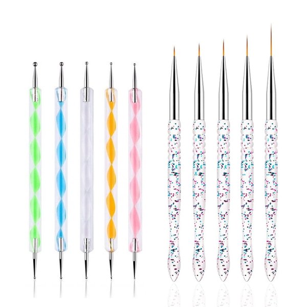 FULINJOY Nail Dotting Tools 10 Pcs Kit, 5 Pcs Double-end Nail Dotting tools and 5 Pcs Nail Art Liner Brushes, Nail Art Design Tools