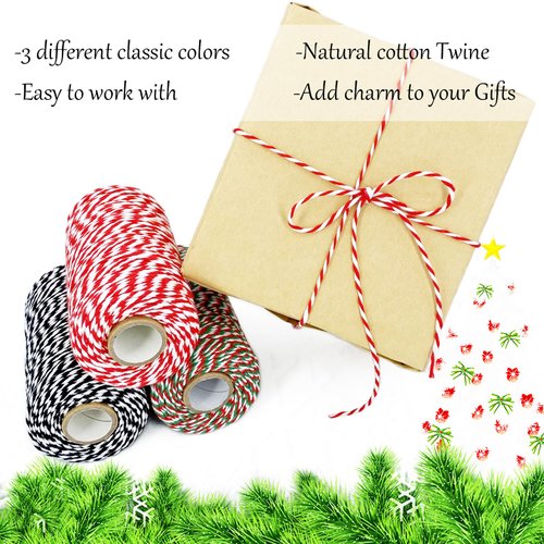 Leecogo Christmas Twine String, 3 Rolls 984 Feet Bakers Twine Cotton Twine String Natural Red White Butchers Twine String Cord for Gift Wrapping, Baking, Arts Crafts, Gardening,DIY,Home Decor