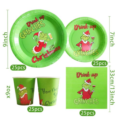 sparkepic 100Pcs Christmas Tableware Set | Festive Green Christmas Characters | Disposable Dinnerware for Christmas Party Decorations | 50 Paper Plates, 25 Napkins, 25 Cups Included