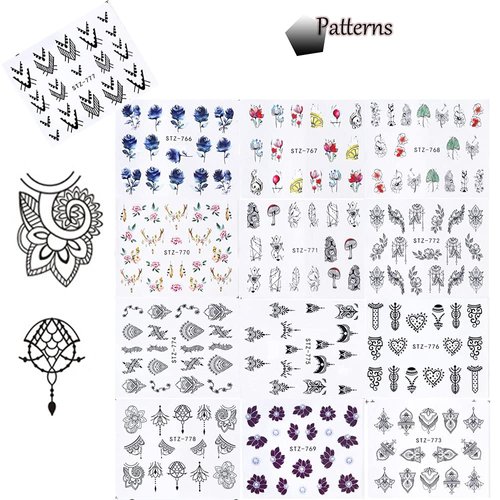 13 Sheets Black Nail Stickers Boho Retro Nail Decals Black Nail Tattoos Water Transfer Nail Decals Nails Supply Necklace Jewelry Feather Nail Design for Women Nail Art DIY Decoration