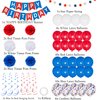 Blue White and Red Birthday Decorations, Patriotic Party Supplies Kit for Men Women Boys Grils, Happy Birthday Banner Paper Pompoms Red Blue Confetti Balloons Star Streamer for 4th of July Baseball