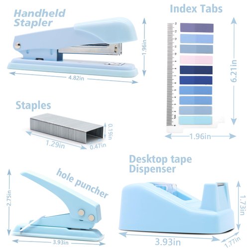 Blue Office Supplies,UPIHO Blue Desk Accessories,Stapler and Tape Dispenser Set for Women with Stapler,Tape Dispenser,Magnetic Staple Remover,Staples,Clips,Hole Punch and Tabs,School Supplies