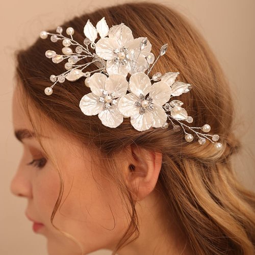 Jumwrit Rhinestone Bridal Hair Clip White Flower Hair Clip for Brides Bridesmaids Handmade Pearl Headpiece for Wedding Silver Leaf Hair Accessories