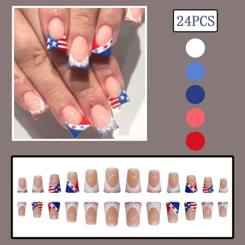 24Pcs 4th of July Press on Nails Medium, Nail Tip with Nail Glitter Stars USA Flag Design Fake Nails Independence Day Glue on Nails Full Cover French Tip False Nails for Holiday Nail Art Decoration